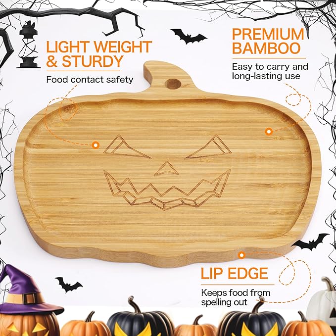 WILLKOMMEN Halloween Serving Platter, Pumpkin Shaped Charcuterie Board, Bamboo Serving Tray 10" x 9" for Party Child Spooky Appetizer Board Serving Dish Plate for Cheese,Snacks,Candy,Cookies