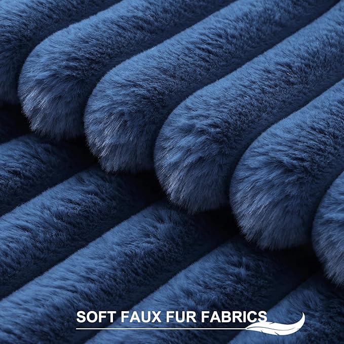 Pallene Faux Fur Plush Throw Pillow Covers 16x16 Set of 2, Luxury Soft Fluffy Striped Decorative Pillow Covers for Sofa, Couch, Living Room, Navy Blue
