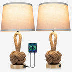 22" Rope Lamps for Night Stands, Bedside Lamps Set of 2, 3-Color Temperatures Boho Lamp with Rotary Switch, Table Lamps for Living Room Bedroom, Rattan Lamp with USB Ports, Bulbs Included