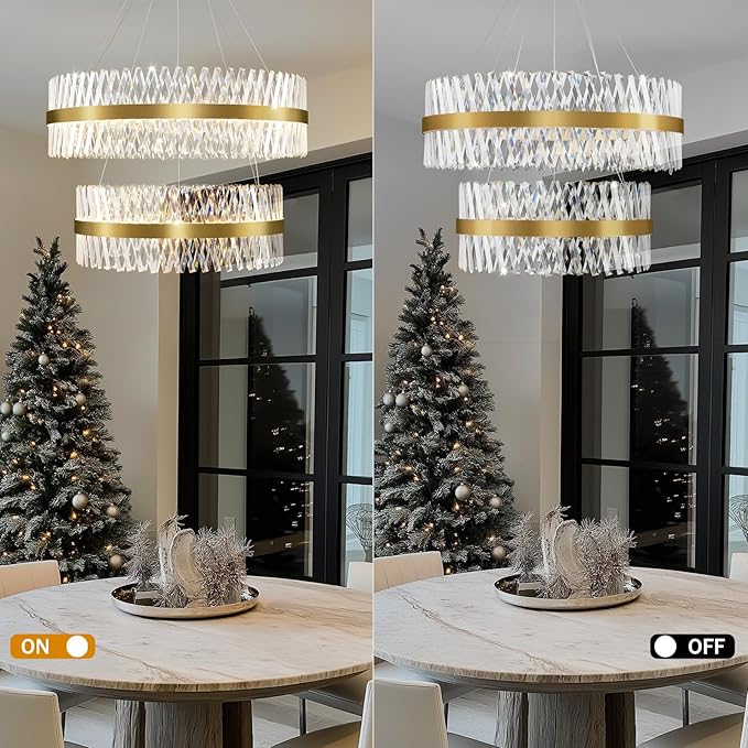 Modern Crystal Chandeliers, Double Tier 40"+32" Large High Ceiling Chandelier. Elegant Crystal Chandelier Hangs from The Ceiling of The Living Room, Stairwell, and Foyer.