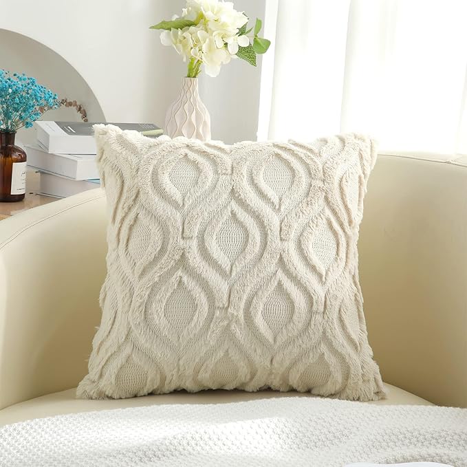decorUhome Fall Throw Pillow Covers 26x26 Inch Set of 2, Soft Plush Decorative Faux Fur Beige Solid Couch Pillow Covers, Accent Farmhouse Neutral Square Euro Pillow Cases for Sofa Bed Living Room