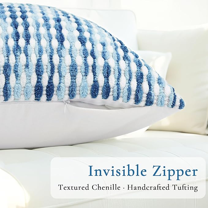 Boho Decorative Throw Pillow Covers 18x18 Inch, Chenille Tufted Pillow Cover Striped Textured Square Farmhouse Accent Pillowcase for Couch Sofa Bedroom Living Room, Blue White Stripe, 1 Pack