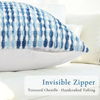 Boho Decorative Throw Pillow Covers 18x18 Inch, Chenille Tufted Pillow Cover Striped Textured Square Farmhouse Accent Pillowcase for Couch Sofa Bedroom Living Room, Blue White Stripe, 1 Pack