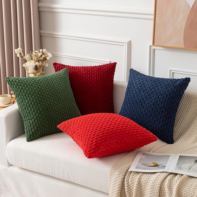Kevin Textile Throw Pillow Cover Striped Corduroy Plush Texture Velvet Euro Cushion Cover for Bed 24 x 24 inch (60cm) Set of 2 Navy Blue