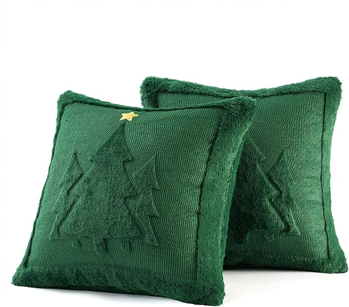 MIULEE Christmas Trees Pillow Covers Set of 2 Decorative Soft Throw Pillows Plush Faux Fur Wool Embroidered Couch Cushion for Holiday Winter Home Decor Chair Sofa Bedroom Living Room,Green 18x18inch