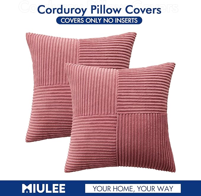 MIULEE Cranberry Red Corduroy Pillow Covers Pack of 2 Boho Decorative Spliced Throw Pillow Covers Soft Solid Couch Pillowcases Cross Patchwork Textured Covers for Living Room Bed Sofa 20x20 inch