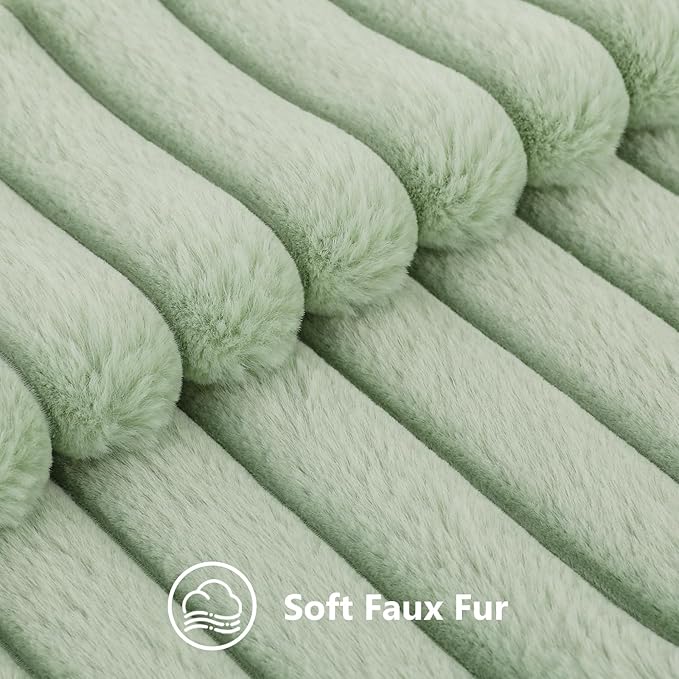 decorUhome Faux Fur Christmas Throw Pillow Covers 12x20 Set of 2, Decorative Soft Plush Striped Neutral Couch Euro Pillow Covers with Velvet Back for Sofa, Bed, Living Room Home Decor, Sage Green