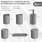 6-Piece Bathroom Accessory Set Resin, Gray Bath Accessories Complete with Toothbrush Holder, Lotion Soap Dispenser, 2 Qtip Holders,Vanity Tray,Bathroom Tumbler - Countertop Vanity Organizer