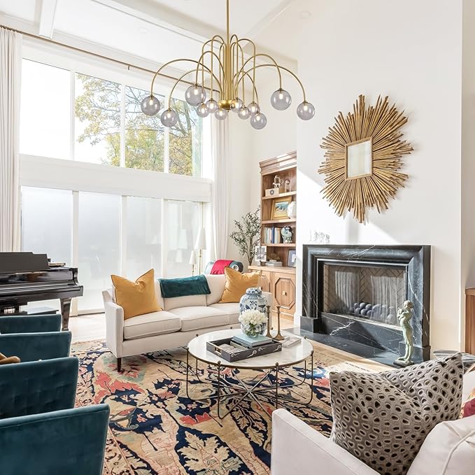 Modern Gold Sputnik Chandelier Mid Century 12 Lights Large L52” Smoke Glass Globe Pendant Light Fixture for High Ceiling Foyer Staircase Living Dining Room