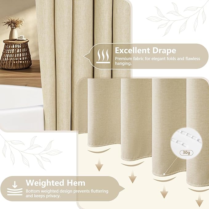 72 x 84 Inch Extra Long Shower Curtain Faux Linen Textured, Heavyweight Beige Fabric Shower Curtain Water-Resistant, Modern Farmhouse Cream Tall Bathroom Shower Curtains Washable