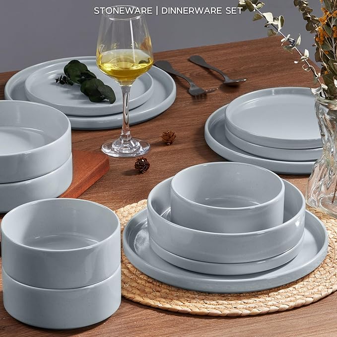 Onader Plates and Bowls Sets, 16 Pieces Stoneware Dinnerware for 4, Kitchen Dinner Dish Set with Pasta Bowl, Ceramic Dishware Dining Ware, Microwave & Dishwasher Safe - Slate Gray
