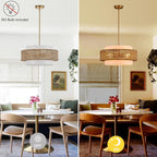 19.7" Rattan Chandelier with Linen Farmhouse Boho Hand Woven Bamboo Chandeliers Light Fixture Modern Drum Wicker Rattan Gold Chandelier for Dining Room, Kitchen, Living Room,Foyer