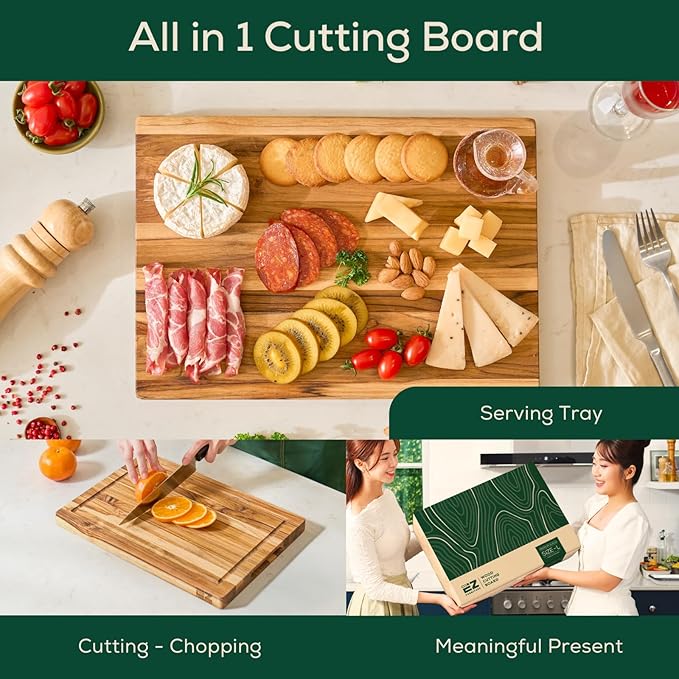 Non-Toxic Teak Wood Cutting Board & Serving Board, Pre-Oiled Edge Grain with Juice Groove and Handles, Knife Friendly, Food Grade Mineral Oil Coating (S 14" x 10" x 1", 3.75 lbs)