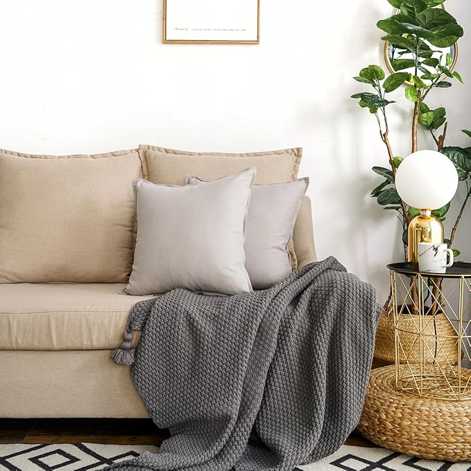 Jeanerlor Pack of 2 Cotton Linen Soft Soild Decorative Square Throw Pillow Covers Set Cushion Case for Sofa Bedroom Car24 x 24 Inch 60 x 60cm,Silver Grey
