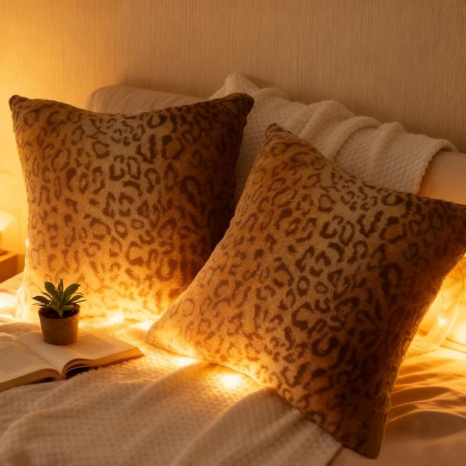 Faux Fur Throw Pillows, Set of 2 Decorative Square Couch Pillow Covers, 20x20 Leopard Cheetah Print Luxury Soft Plush Pillowcase for Sofa, Bed & Living Room Decor, Brown Gold