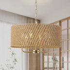 20" Large Boho Rattan Chandeliers for Dining Room, 6-Light Rattan Hand-Woven Drum Wicker Farmhouse Chandelier Large Vintage Chandelier Pendant Light Fixture for Kitchen Island Entryway(Gold)