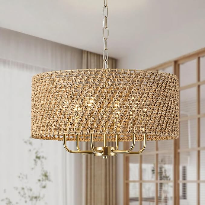 20" Large Boho Rattan Chandeliers for Dining Room, 6-Light Rattan Hand-Woven Drum Wicker Farmhouse Chandelier Large Vintage Chandelier Pendant Light Fixture for Kitchen Island Entryway(Gold)