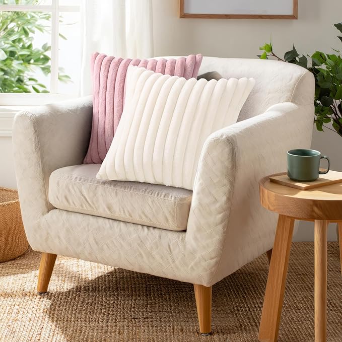Pallene Faux Fur Plush Christmas Throw Pillow Covers 22x22 Set of 2, Luxury Soft Fluffy Striped Decorative Pillow Covers for Sofa, Couch, Living Room, Cream White