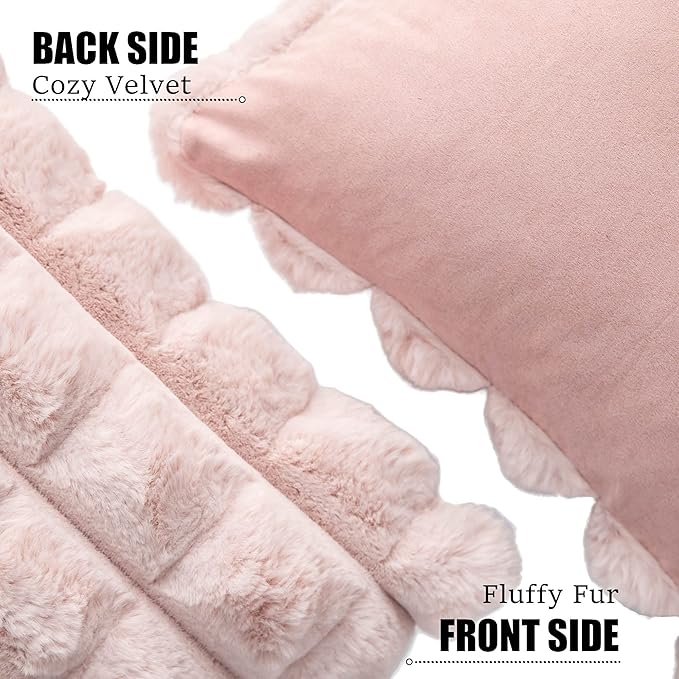 Neelvin Pink Faux Fur Cozy Soft Plaid Decorative Throw Pillow Covers 12x20 inch Set of 2,Velvet Pillowcase Cushion Case for Sofa Couch