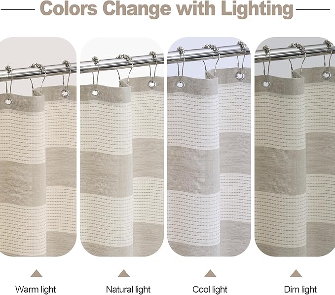 Boho Farmhouse Beige Heavyweight Shower Curtain with Tassels, 350GSM Cotton Linen Natural Fabric Shower Curtain Water Repellent, 72x72 Inch Khaki Tan Striped Country Bathroom Shower Curtains