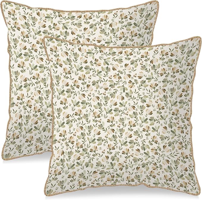 KSLIDS Sage Green Beige Floral Soft Velvet Throw Pillow Covers Set of 2 Vintage Brown Flower Decorative Pillow Covers 16x16 Inch Rustic Pillow Case for Sofa Couch Bedroom Farmhouse Home Decor