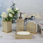 Hymmah Gold Bathroom Accessories Set,Farmhouse Bathroom Decor,4 Pcs Resin Gift Set Apartment Necessities, Contain Cotton Swab Jar,Soap Dispenser,Tumbler，Soap Dish/Tray