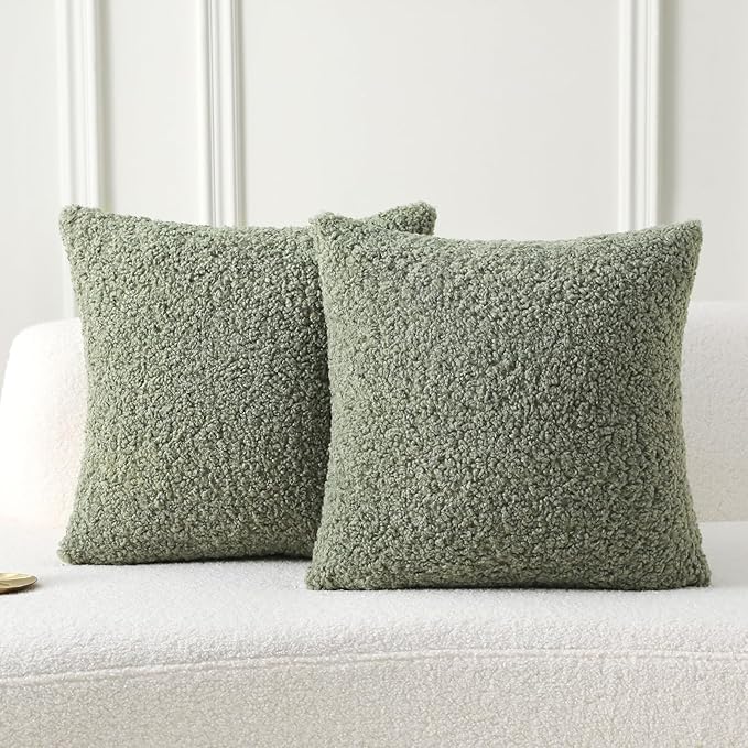 FUTEI Sage Green Throw Pillow Covers 26x26 Inch Set of 2,Furry Faux Fur Teddy Boucle Textured Cushion Covers,Soft Fluffy Decorative Euro Pillow Shams,Home Decor for Couch Bed Living Room Office Car