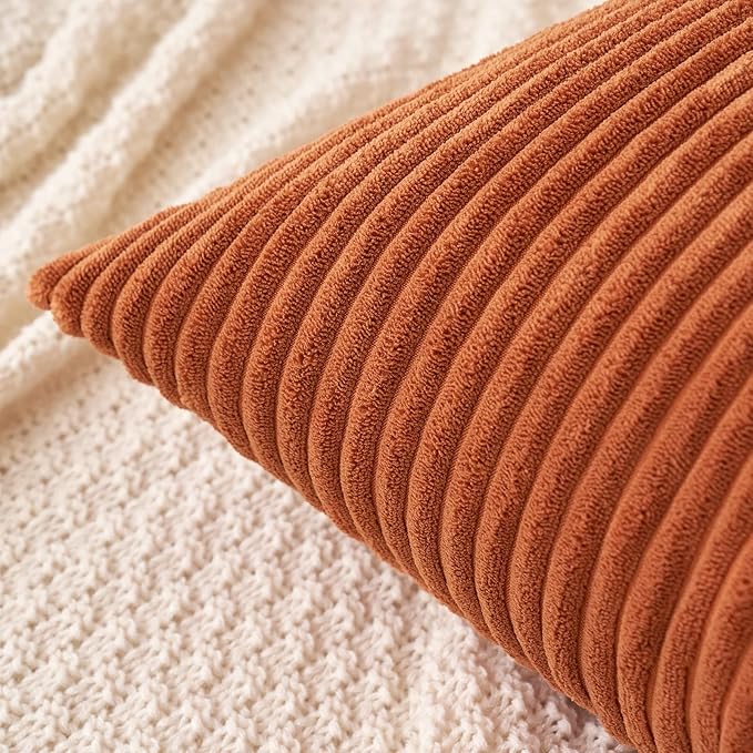 MIULEE Pack of 2 Rust Pillow Covers 12x20 Inch Soft Boho Striped Corduroy Throw Pillow Covers Set Decorative Square Cushion Cases Pillowcases for Sofa Bedroom Couch