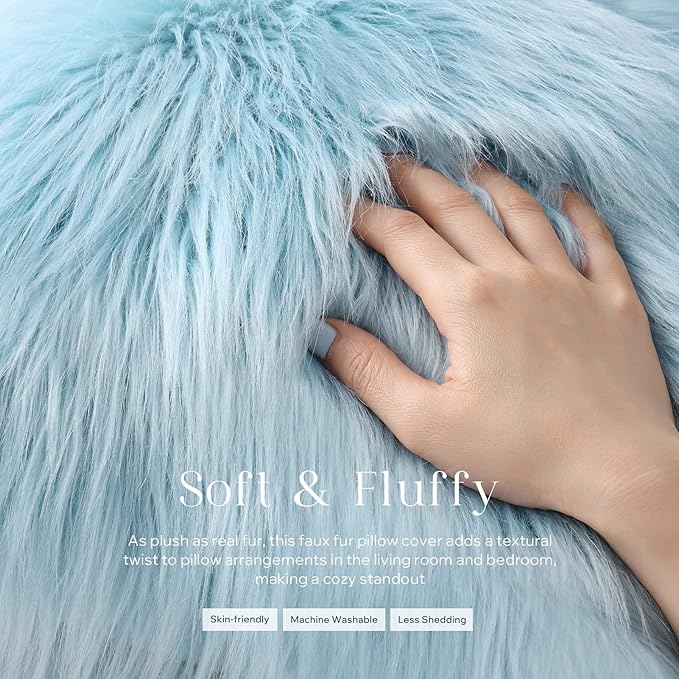 Phantoscope Pack of 2 Faux Fur Solid Throw Decorative Pillow Cover Cushion Covers Luxury Soft Decorative Pillowcase Fuzzy Pillow Covers for Bed/Couch,Light Blue 12 x 20 Inches