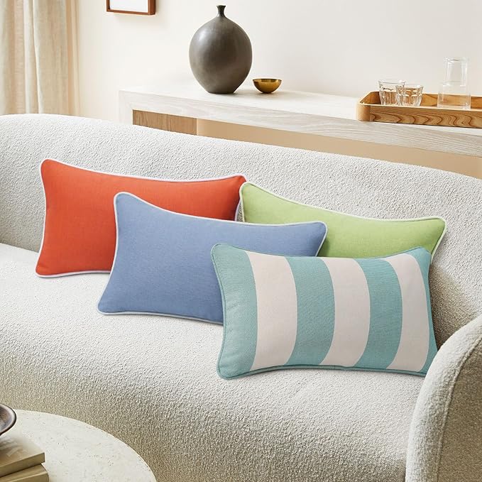 Decorative Outdoor Water Repellent Throw Pillows with Inserts, Set of 4, 20" x12" Pillows for Patio, Backyard, Bed, Couch, and Patio Furniture, Turquoise Stripe