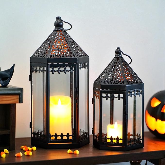 TRIROCKS Set of 2 Deacorative Candle Lantern 16'' & 12'' High Metal Candle Holder Hanging Lanterns with Tempered Glass for Halloween Christmas Indoor Outdoor Home Decor Parties Garden Events (Black)