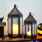 TRIROCKS Set of 2 Deacorative Candle Lantern 16'' & 12'' High Metal Candle Holder Hanging Lanterns with Tempered Glass for Halloween Christmas Indoor Outdoor Home Decor Parties Garden Events (Black)