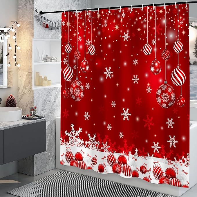 Red Christmas Shower Curtain Set, Merry Christmas Ball Winter Snowflakes Glitter Sparkle Shower Curtain for Bathroom Xmas Holiday Decor, Durable Fabric Machine Washable with Hooks, 72 x 72 Inches
