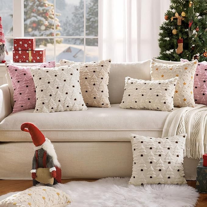 MIULEE Christmas Tree Decorative Pillow Covers Faux Fur Wool Throw Pillows Soft Plush Cushion Covers Set of 2 Xmas Home Decor Winter Holiday for Sofa Couch Livingroom Bed 18x18 Inch Pink
