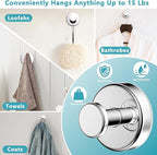 Suction Cup Hooks for Shower,Removable No Drill Towel Hooks,Upgraded 15 lbs Strong Suction hooks for Bathroom Tile,Shower Wall,Glass Door,Kitchen-Loofah,Coat,Stainless Waterproof-Chrome 2 Pcs