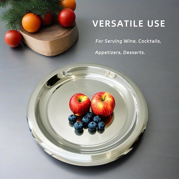 Stainless Steel Round Serving Tray,Metal Decorative Tray,Display Serving Platter for Wine and Glasses,12 Inches