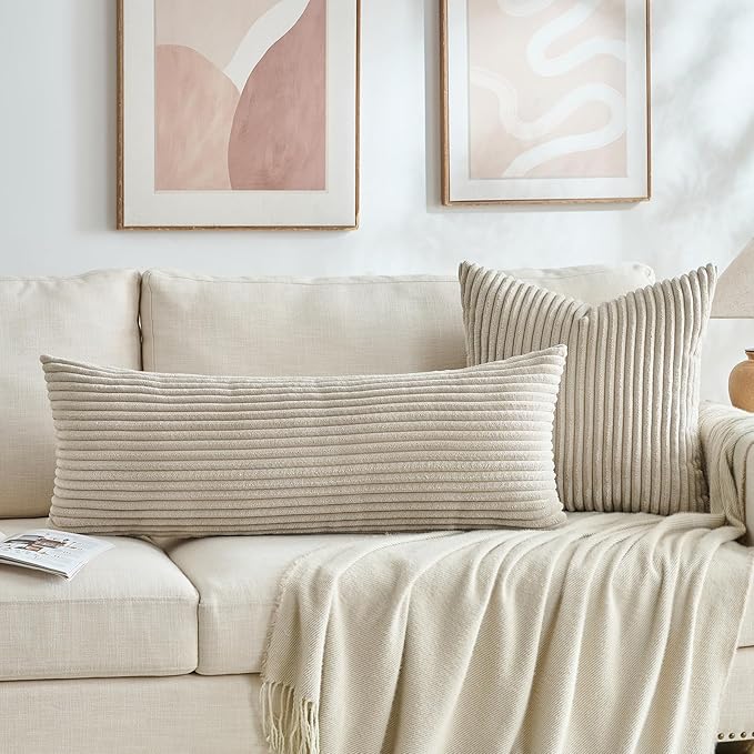Fancy Homi Set of 2 Taupe Boho Decorative Throw Pillow Covers 18x18 Inch for Couch Bed Sofa, Aesthetic Modern Farmhouse Room Decor, Soft Fuzzy Fluffy Cozy Corduroy Textured Cushion Case 45x45cm