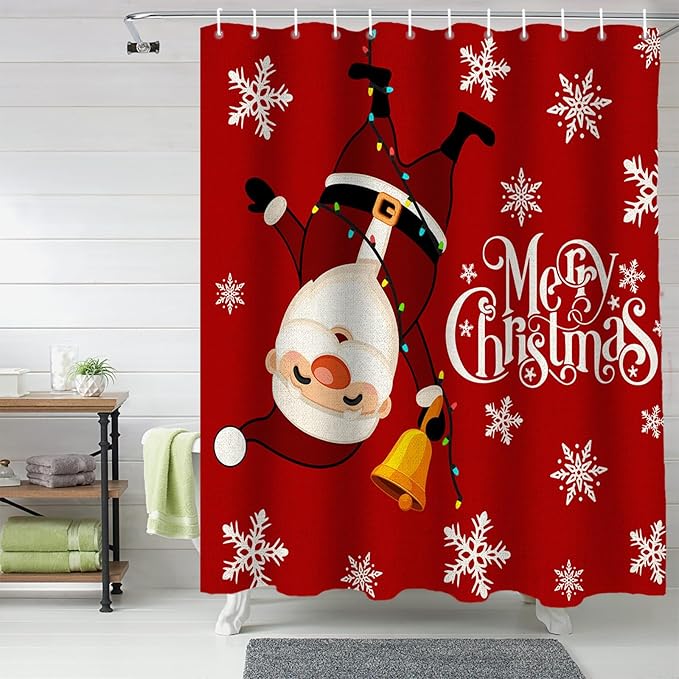 Red Merry Christmas Shower Curtain, Funny Hanging Santa Shower Curtains Set with Hooks, Snow Winter Holiday Waterproof Fabric Bathroom Curtains Decor Home Accessories,72X 96 Inch Extra Long