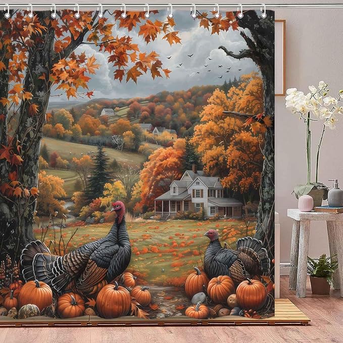 Fall Shower Curtains for Bathroom, Autumn Rustic Farmhouse Turkey Vintage Pumpkin Harvest Thanksgiving Day Fabric Shower Curtain Set, 72X72 Inch
