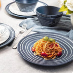 bzyoo 12 Piece Melamine Dinnerware Set - Durable, Dishwasher Safe Blue Plates and Bowls - Dining, Parties, Camping Dish Set Blue Planet Collection