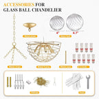 Bubble Chandeliers Lighting Gold 31" Swirled Clear Ribbed Blown Glass Globe Art Deco 9-Light Cluster Ball Pendant Lights Fixture for Living Room, Bedroom, Kitchen Island