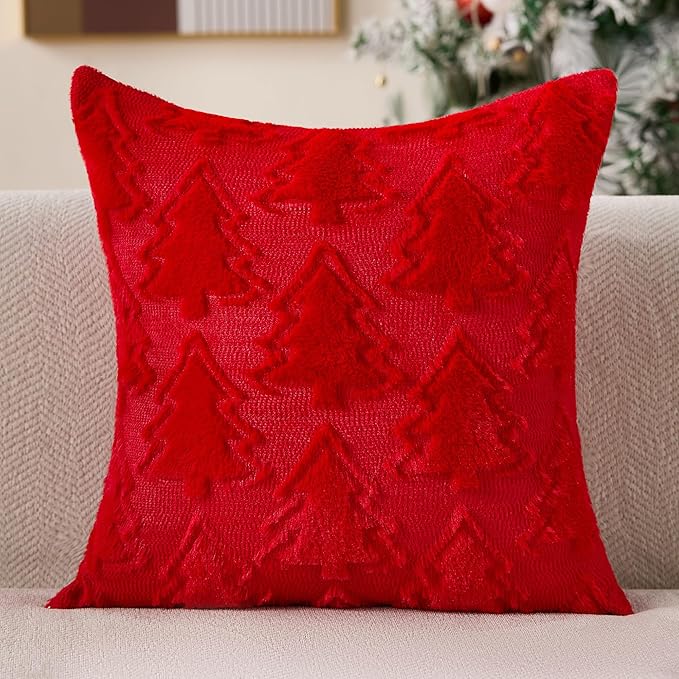 Christmas Pillow Covers 18x18 Set of 2 Red Double Christmas Tree Decorations Pillow Covers Soft Plush Faux Fur Decor for Xmas Winter Holiday Home Bedroom Sofa Cushion Cases PT-016B18
