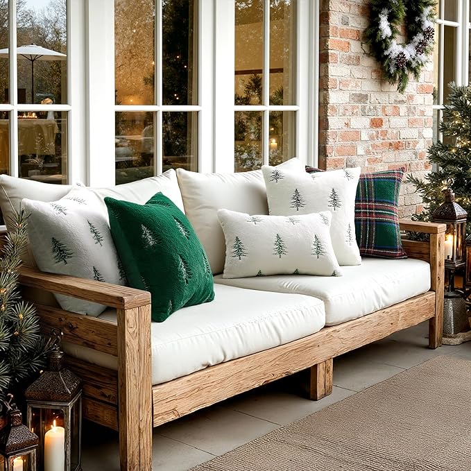 MIULEE Christmas Decorative Pillow Covers Set of 2 Faux Fur Throw Pillows with Embroidered Christmas Tree 12x20 Inch White Green Winter Couch Covers for Festival Sofa Bedroom Living Room Home Decor