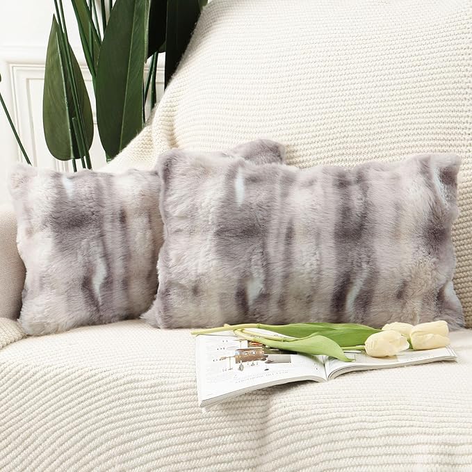 MADIZZ Pack of 2 Thick Plush Wool Throw Pillow Covers 12x20 Inch Grey Taupe Soft Neutral Decorative Throw Pillows Accent Boho Cushion Covers for Couch Sofa Bedroom Pillow Shell