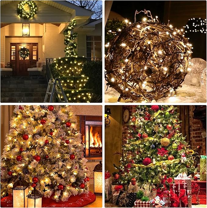 FUNPENY Christmas Lights, 2 Pack Toal 300Count 60FT Christmas String Lights Green Wire for Indoor Outdoor Christmas Tree Xmas Party Holiday Home Decorations, Warm White