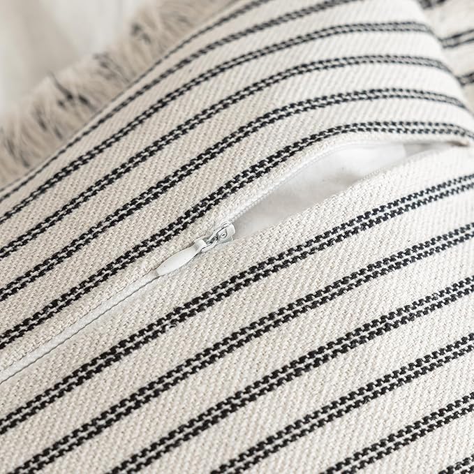 Throw Pillow Covers 22x22 Set of 2 Striped Fringe Pillow Cover Farmhouse Cushion Covers with Tassel Neutral Boho Pillows Decorative Square Pillowcase for Couch Sofa Bed, Black