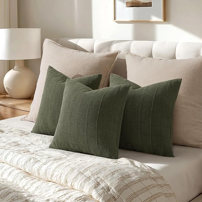 Woaboy Linen Check Throw Pillow Covers Set of 2 - Olive Green Farmhouse Modern Boho Vintage Christmas Decorative Cushion Covers for Sofa Couch Bedroom Living Room Decor 22x22 Inch
