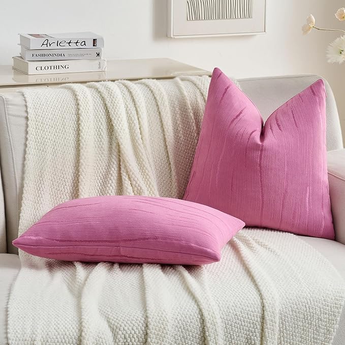 FUTEI Hot Pink Chenille Decorative Throw Pillow Covers 12x20 Inch Set of 2,Soft Embossed Striped Textured Lumbar Pillow Cases,Modern Home Decor for Couch Bed Living Room