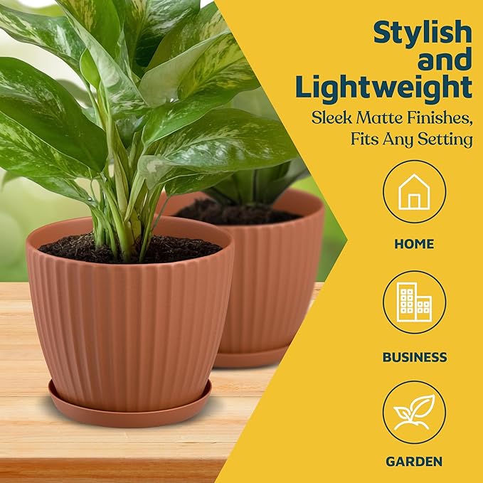 Terracotta 6-Inch Plant Pots with Drainage & Saucers 3 Pack, Indoor & Outdoor Planters for Houseplants, Herbs, and Flowers, Durable & Weatherproof Material, Stackable, Lightweight, Minimalist Design