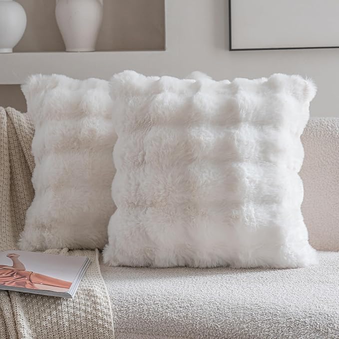 Neelvin Cream White Faux Fur Cozy Soft Double-Sided Decorative Throw Pillow Covers 16x16 inch Set of 2,Velvet Pillowcase Cushion Case for Sofa Couch